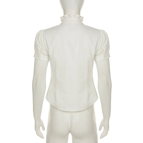 Load image into Gallery viewer, French Style Organ Folded Puff Sleeve White Shirts Women's Half High Collar Breasted Summer Blouse Slim-Fitting Tops

