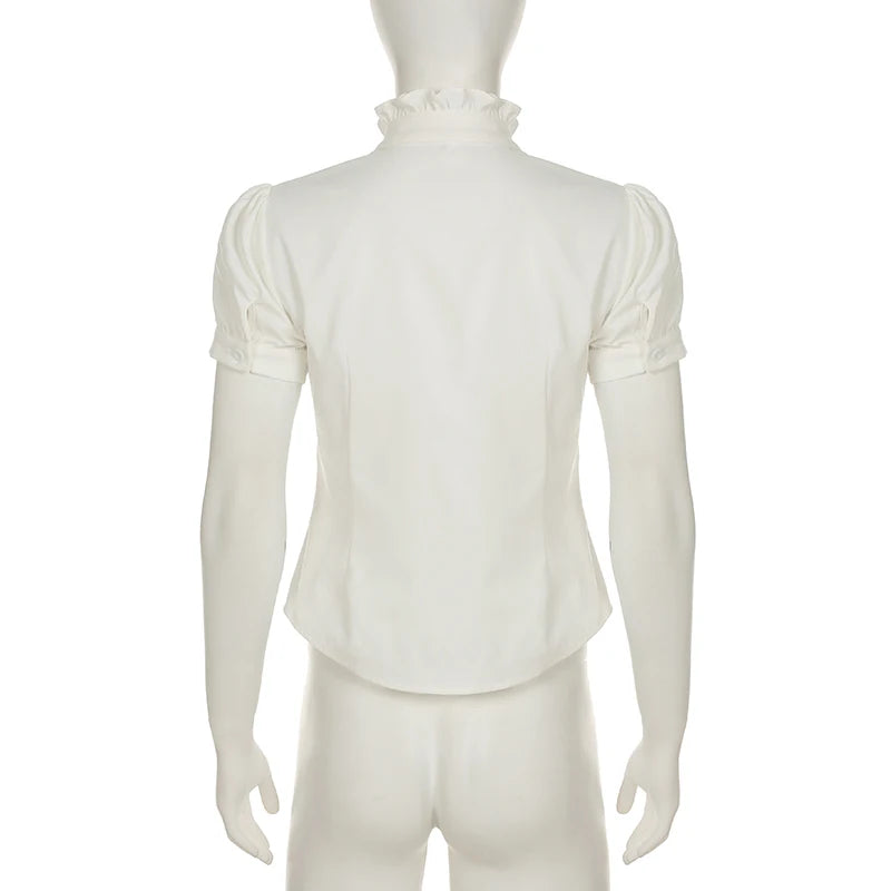 French Style Organ Folded Puff Sleeve White Shirts Women's Half High Collar Breasted Summer Blouse Slim-Fitting Tops