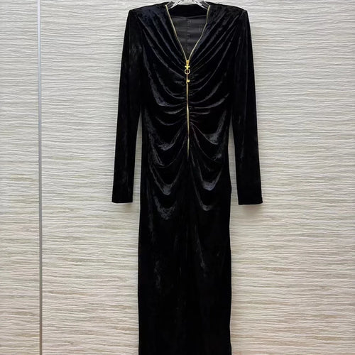 Load image into Gallery viewer, Slimming Spliced Folds Temperament Dresses for Women V Neck Long Sleeves Patchwork Zipper Fashion Dress Female New
