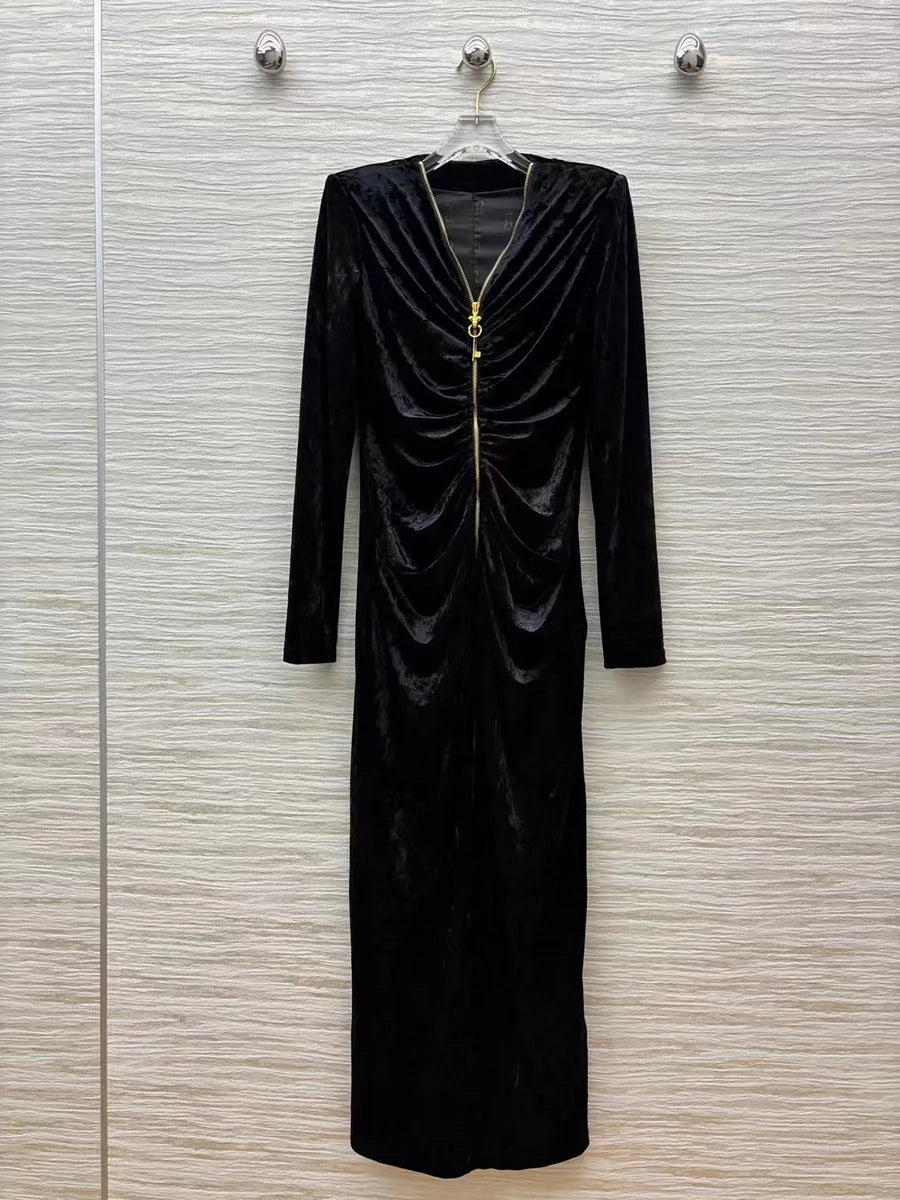 Slimming Spliced Folds Temperament Dresses for Women V Neck Long Sleeves Patchwork Zipper Fashion Dress Female New