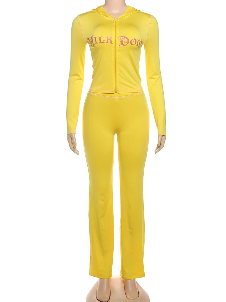 Casual Letter Print Women 2 Piece Set Tracksuit Sporty Full Sleeve Crop Jacket+Pants Matching Streetwear Skinny Outfits