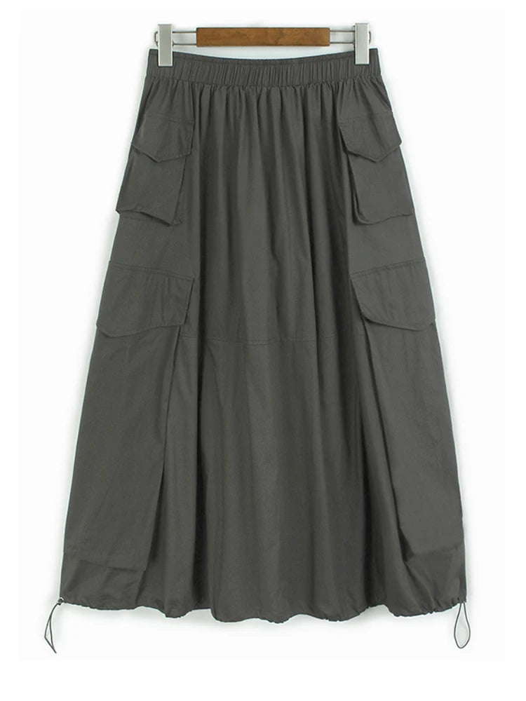 High Elastic Waist Blue Hem Drawstring Casual A-line Half-body Skirt Women Fashion Tide New Spring Autumn 2025 1DJ0863