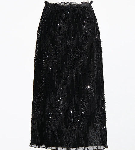 Elegant Solid Midi Skirts For Women High Waist Patchwork Mesh Sequins A Line Temperament Skirt Female Summer