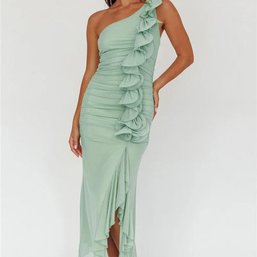 Load image into Gallery viewer, One Shoulder Draped Ruffle Maxi Dress Women Gown Fashion Diagonal Collar Backless Sleeveless Split Long Dress Elegant
