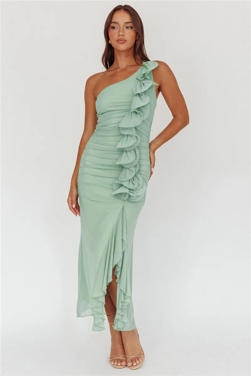 One Shoulder Draped Ruffle Maxi Dress Women Gown Fashion Diagonal Collar Backless Sleeveless Split Long Dress Elegant