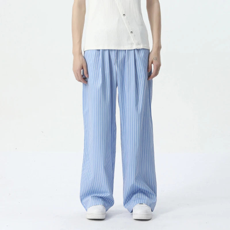 Casual Pants Korean Style Stripe Solid Color Trend Summer Lace-up Elastic Waist Male Wide Leg Trousers 9C5441