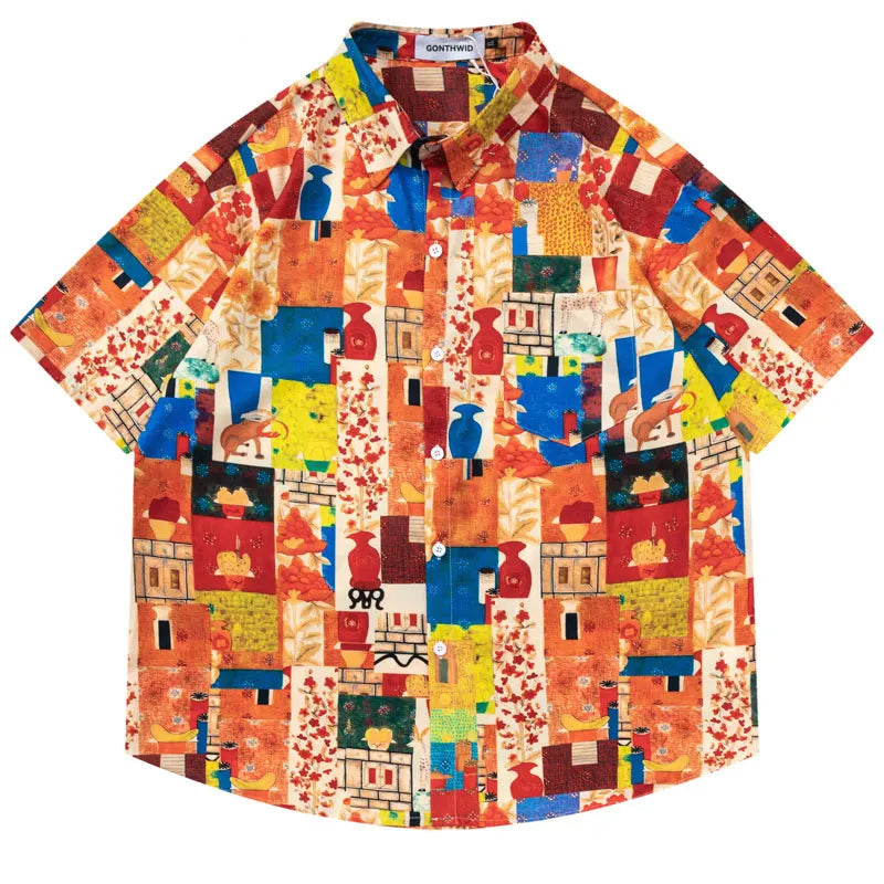 Vintage Hawaiian Shirt Streetwear Retro Graphic Print Summer Beach Shirts Men Hip Hop Harajuku Loose Short Sleeve Button Up Tops