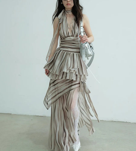 Brown Tank Top Bandage Thin Skirt Two Pieces Suit New Halter Sleeveless Women Fashion Tide Spring Summer 2025 1DJ0680