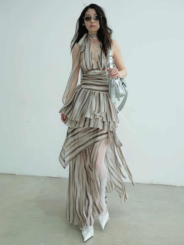 Brown Tank Top Bandage Thin Skirt Two Pieces Suit New Halter Sleeveless Women Fashion Tide Spring Summer 2025 1DJ0680