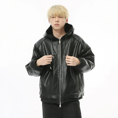 Load image into Gallery viewer, High Street Men&#39;s Padded Jackets Hooded Drawstring Solid Color PU Leather Zipper Patchwork Casual Male Cotton Coats 9C8976
