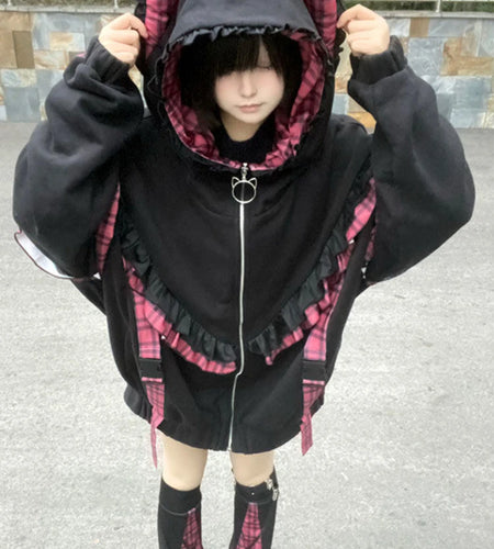 Y2k Aesthetic Lace Ruffle Plaid Hoodies Thick Y2k Jacket Women Kawaii Streetwear Harajuku Coats Casual Loose Grunge Kawaii Coats