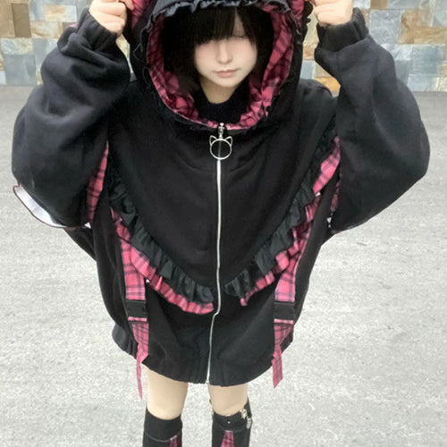 Load image into Gallery viewer, Y2k Aesthetic Lace Ruffle Plaid Hoodies Thick Y2k Jacket Women Kawaii Streetwear Harajuku Coats Casual Loose Grunge Kawaii Coats
