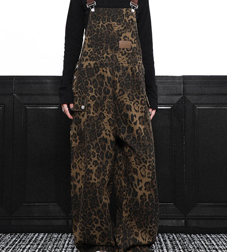 High Waist Leopard Print Denim Big Size Overalls Wide Leg Jeans New Women Trousers Fashion Tide Spring Autumn 2025 1DH9389
