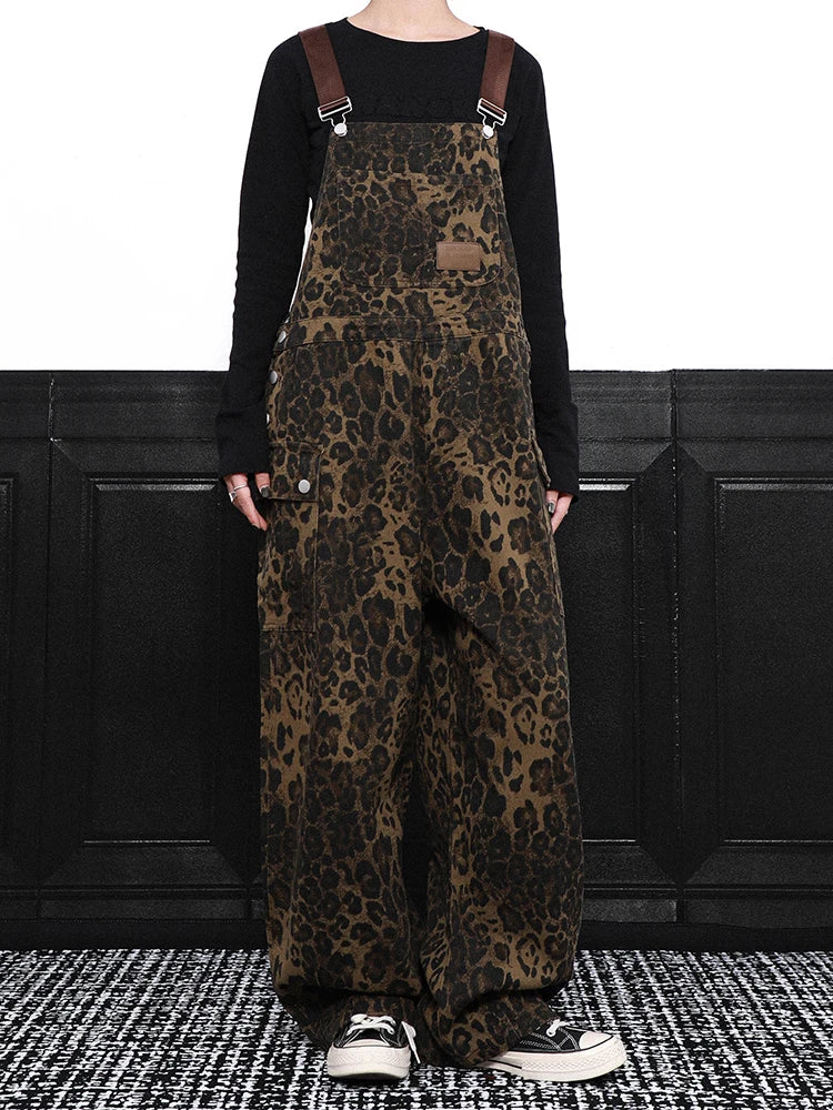 High Waist Leopard Print Denim Big Size Overalls Wide Leg Jeans New Women Trousers Fashion Tide Spring Autumn 2025 1DH9389