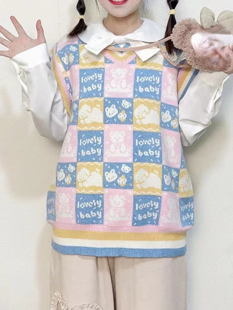 2025 Harajuku Fashion Sweater Vest Outfits Casual Women Cartoon Jacquard Knitted Tanks Vintage All Match Y2k Aesthetic Clothing