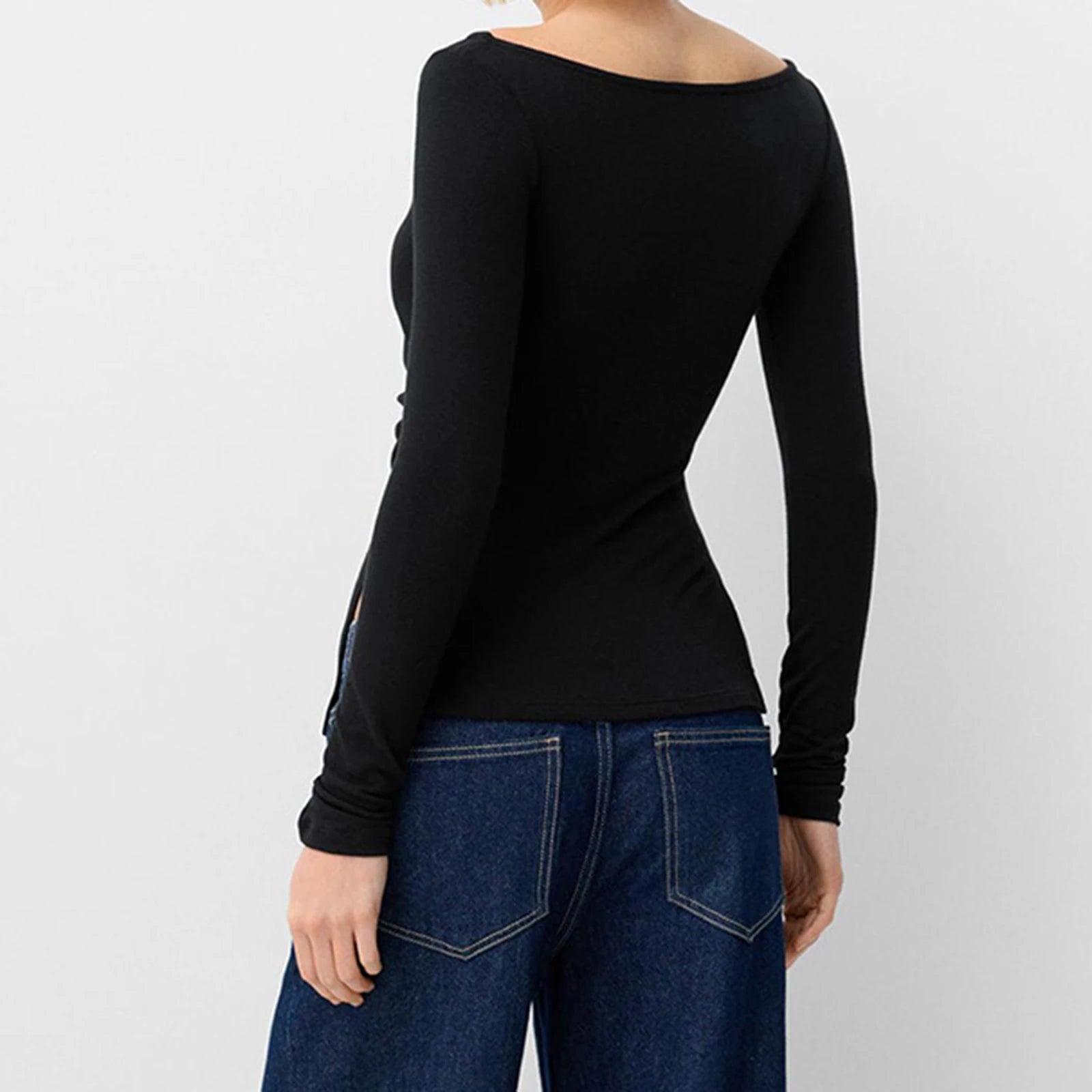 Sexy Crop Tops y2k Women Aesthetic Clothing Solid Color Long Sleeve Slit Hem T Shirts Fall Spring Clothes Streetwear