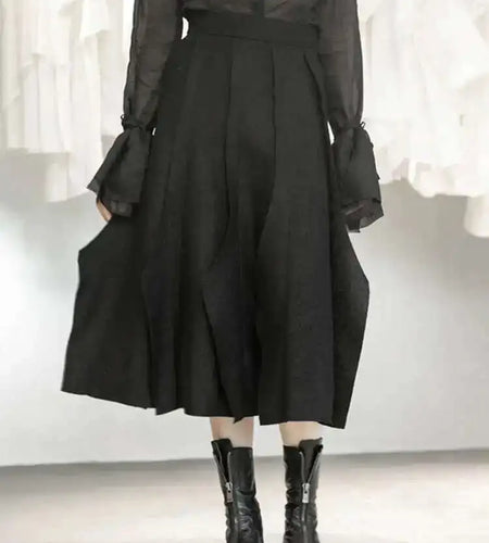 High Elastic Waist Black Brief Woolen Cut Edge Pleated Half-body Skirt Women Fashion Tide New Spring Autumn 2025 1DD1634