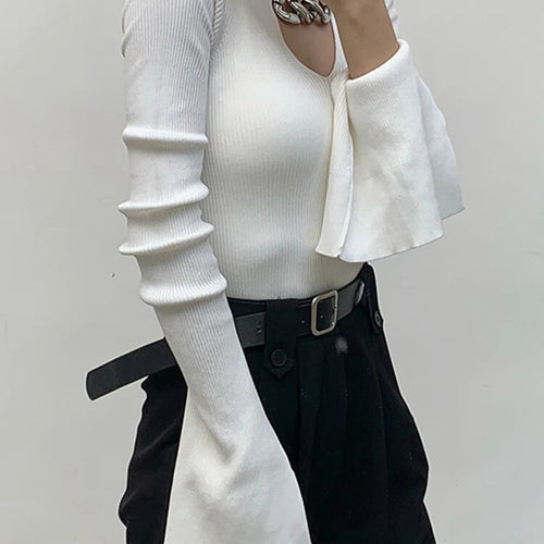 Load image into Gallery viewer, Knitting Hollow Out Sweaters For Women V Neck Flare Sleeve Patchwork Sequined Pullover Sweater Female Fashion

