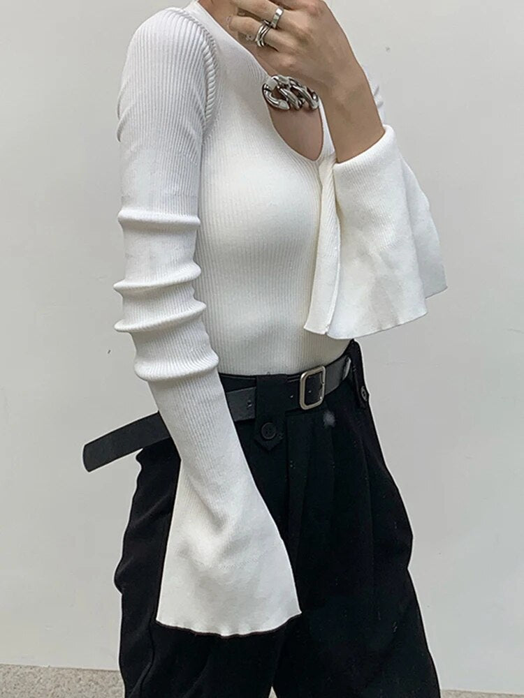 Knitting Hollow Out Sweaters For Women V Neck Flare Sleeve Patchwork Sequined Pullover Sweater Female Fashion