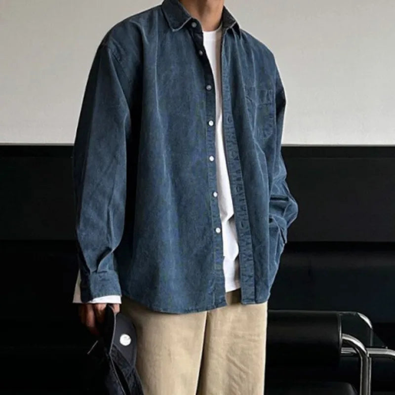 Men's Simple Casual Long Sleeve Shirt New Spring Loose Turn-down Collar Chic Korean Menwear 2025 Male Clothing 9W1436