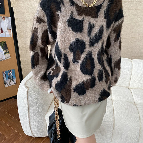 Load image into Gallery viewer, Gray Leopard Big Size Knitting Sweater Round Neck Long Sleeve Women Pullovers New Fashion Tide Spring Autumn 2025 1DH7968
