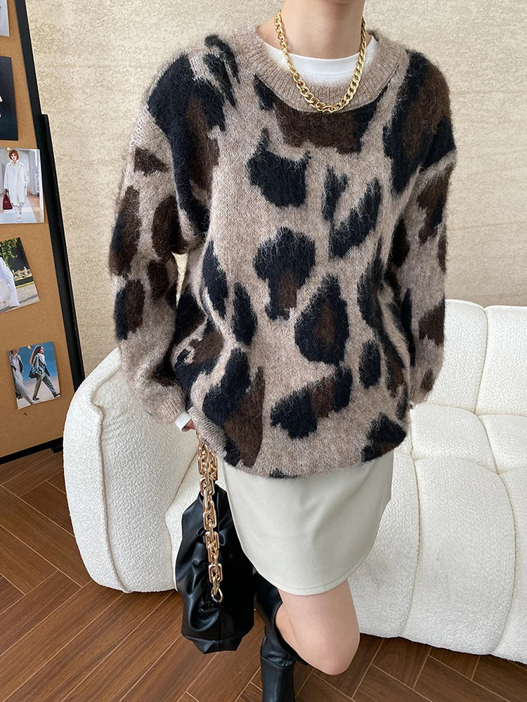Gray Leopard Big Size Knitting Sweater Round Neck Long Sleeve Women Pullovers New Fashion Tide Spring Autumn 2025 1DH7968