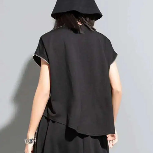 Load image into Gallery viewer, Women Black Zipper Irregular Big Size Casual T-shirt New Round Neck Sleeveless Fashion Tide Spring Summer 2025 1DF7632

