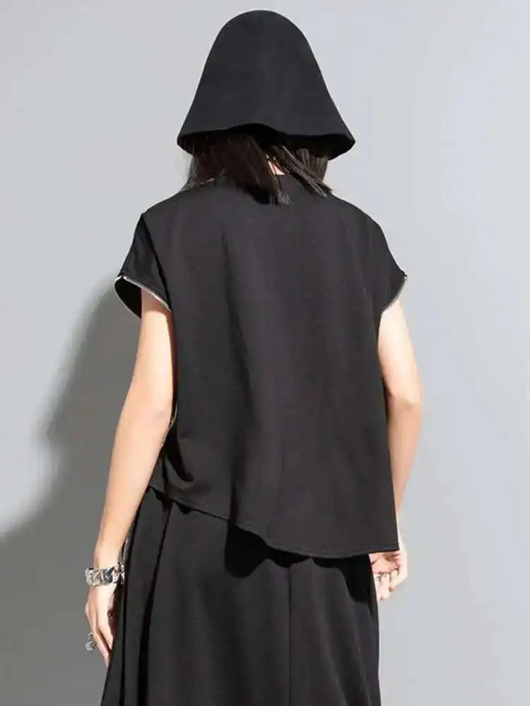 Women Black Zipper Irregular Big Size Casual T-shirt New Round Neck Sleeveless Fashion Tide Spring Summer 2025 1DF7632