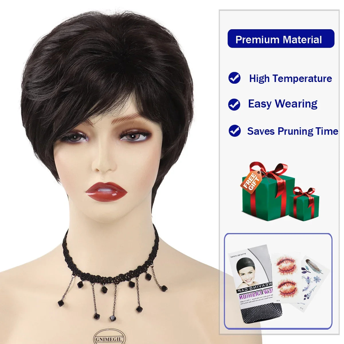 Synthetic Mommy Wigs for Women Short Hair Dark Brown Wig with Bangs Popular Hair Cuts Straight Female Pixie Cuts Natural Wigs