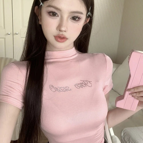 Load image into Gallery viewer, 2025 Letter Rhinestones Short Sleeve T-shirts Half High Collar Basic Vintage Cropped Tops Women Y2k Aesthetic Slim Harajuku Tees
