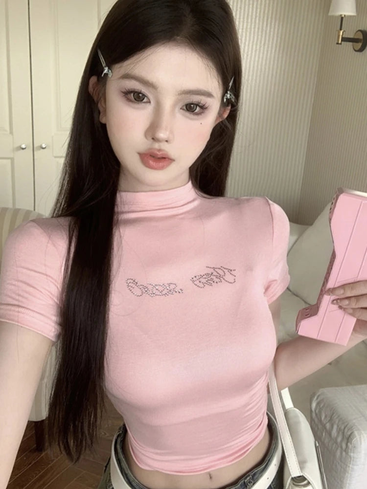 2025 Letter Rhinestones Short Sleeve T-shirts Half High Collar Basic Vintage Cropped Tops Women Y2k Aesthetic Slim Harajuku Tees