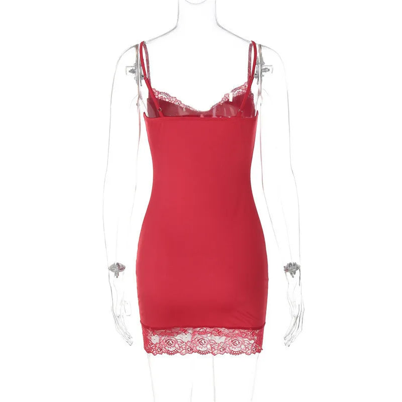 Spaghetti Strap Lace Sexy Mini Dress For Women Red Off-shoulder Strapless Sleeveless Backless Slim Fit Bodycon Dress