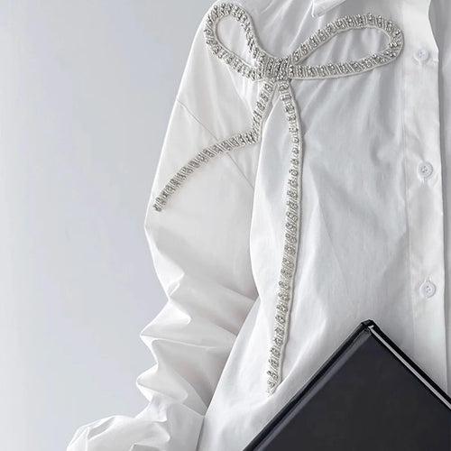 Load image into Gallery viewer, Solid Spliced Diamonds Loose Blouses For Women Lapel Long Sleeve Loose Casual Temperament Shirt Female Fashion New
