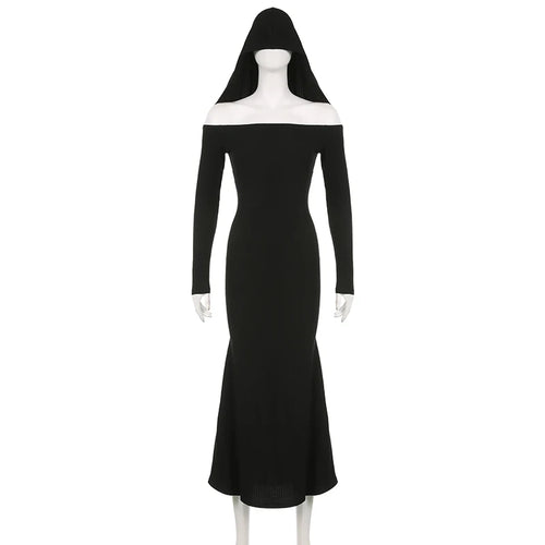 Load image into Gallery viewer, Elegant Gothic Slash Neck Autumn Dress for Women Fashion Hooded Bodycon Dark Academia Long Dress Basic Outfits Party
