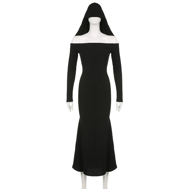 Elegant Gothic Slash Neck Autumn Dress for Women Fashion Hooded Bodycon Dark Academia Long Dress Basic Outfits Party