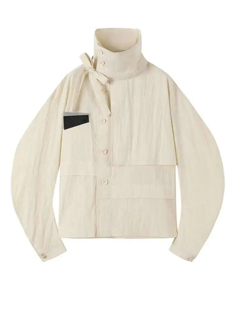 Beige Loose Fit Irregular Color-block Jacket New Stand Collar Long Sleeve Women Coat Fashion Spring Autumn 2025 1DF6811