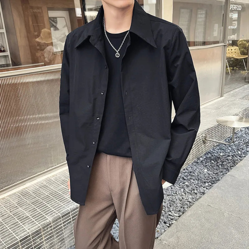 Spring Men's Shirts Long Sleeve Solid Color Casual  Large Lapel Shoulder Pad Single Breasted Male Clothing 9W1869