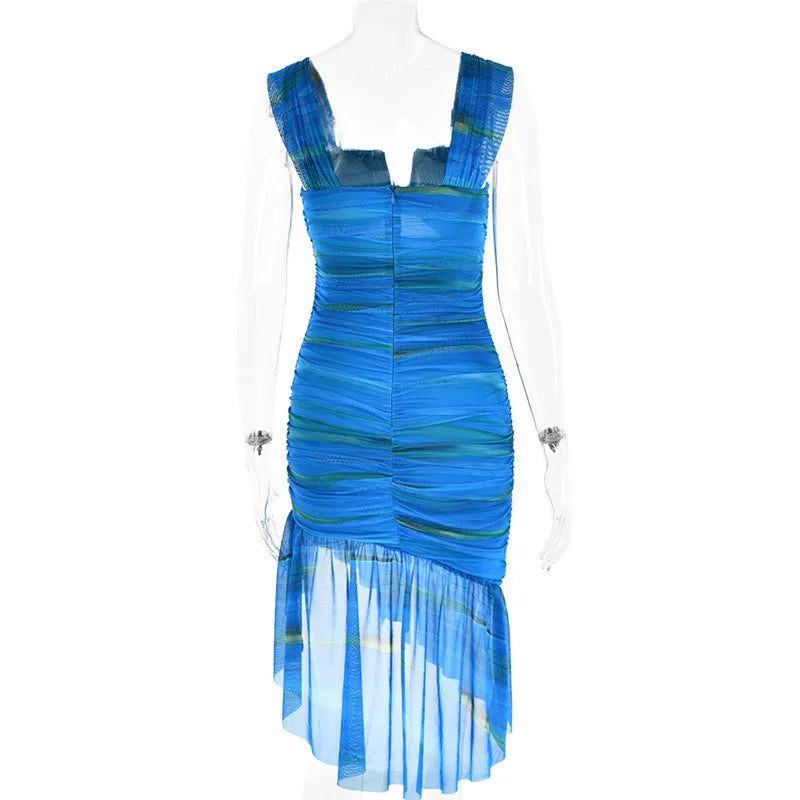 Striped Backless Ruched Midi Dress Women Two Layer Mesh Spaghetti Strap Sleeveless Bodycon Sexy Print Fishtail Dress