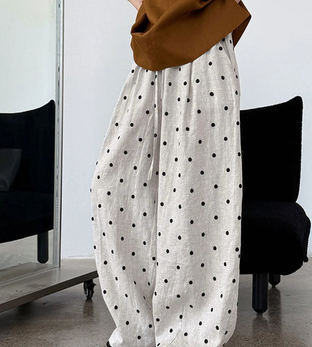 High Elastic Waist Linen Dot Embroidery Wide Leg Long Pants New Trousers Women Fashion Tide Spring Autumn 2025 1DJ1548