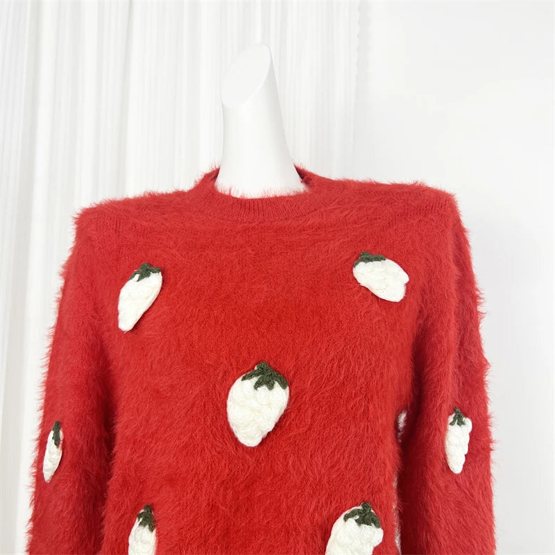 Autumn Winter Sweet Red Mink Strawberry Print Knitted Sweater Women Vintage Round Neck Vacation Long Sleeves Soft Pullover Tops