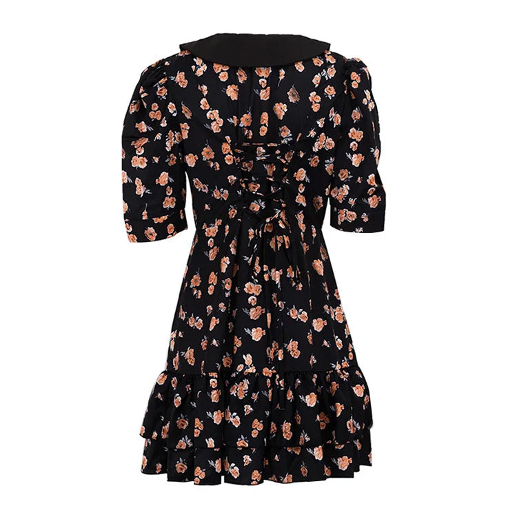 Short Sleeve Floral Mini Dress For Women Robe Turn-down Collar Elegant French Dress Ladies Fashion High Waist Dresses