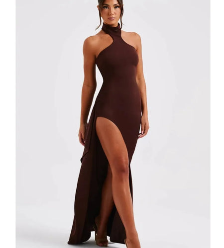 Women's Elegant Sleeveless Evening Dress, Open Back, High Split, Slim Fit Style, Female Long Dress, Spring, 2024