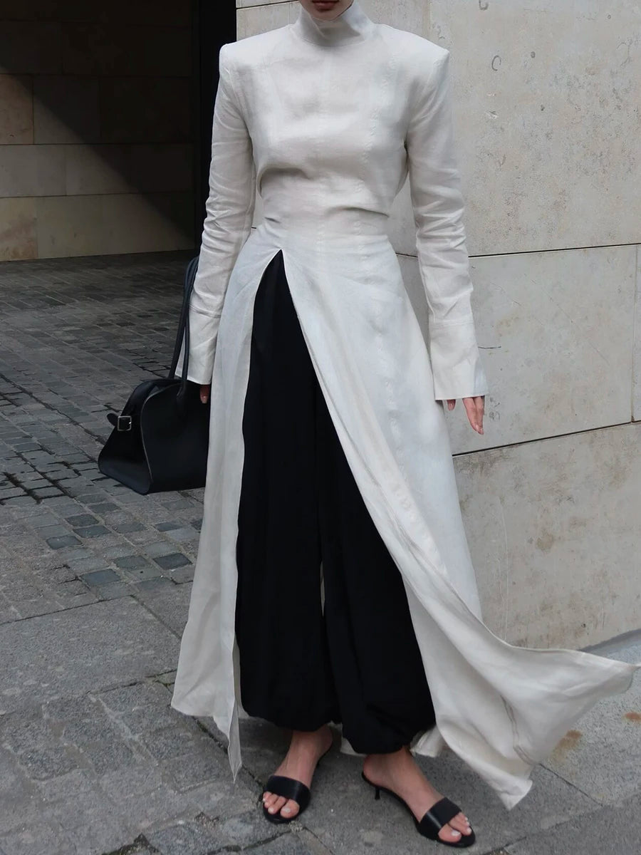 Solid Slimming Side Split Dresses for Women High Neck Long Sleeves Tunic Minimalist Chic Dress Female Clothing New