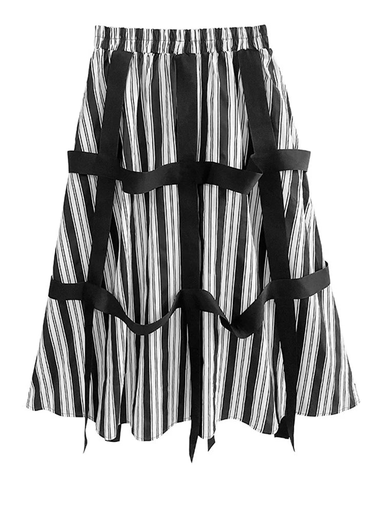 High Elastic Waist Striped Ribbons Long A-line Casual Half-body Skirt Women Fashion Tide New Spring Autumn 2025 1DH8206