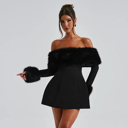 Load image into Gallery viewer, Feather Strapless Long Sleeve Sexy Mini Dress Women Fashion Off-shoulder Backless High Waist Club Party Dress Elegant
