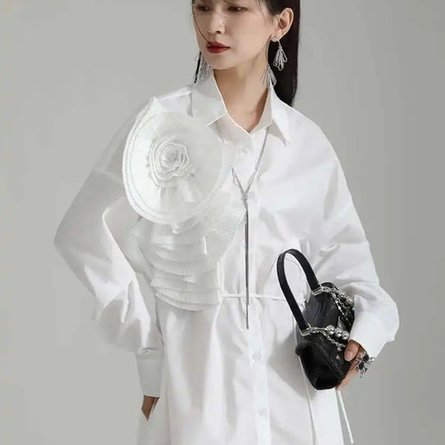 Load image into Gallery viewer, Women Blue Pleated Flower Big Size Blouse New Lapel Long Sleeve Loose Fit Shirt Fashion Tide Spring Autumn 2025 1DH0316
