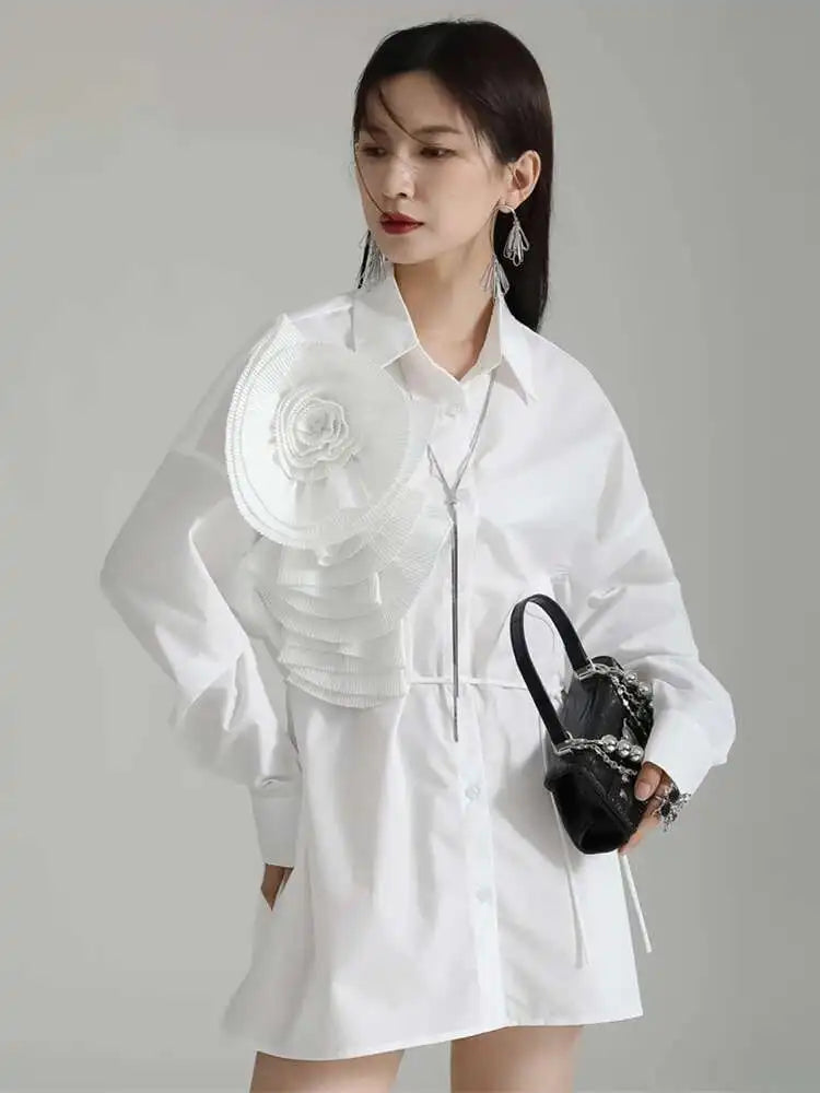 Women Blue Pleated Flower Big Size Blouse New Lapel Long Sleeve Loose Fit Shirt Fashion Tide Spring Autumn 2025 1DH0316
