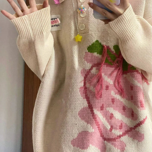 Load image into Gallery viewer, Japanese Kawaii Sweater Women Harajuku Knitted Jumper Loose Casual Strawberry Contrast Knitwear Tops Cute Streetwear
