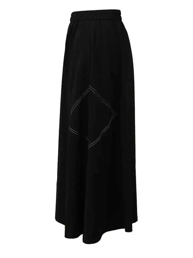 High Elastic Waist Black Topstitched Pocket A-line Half-body Skirt Women Fashion Tide New Spring Autumn 2025 1DH5353