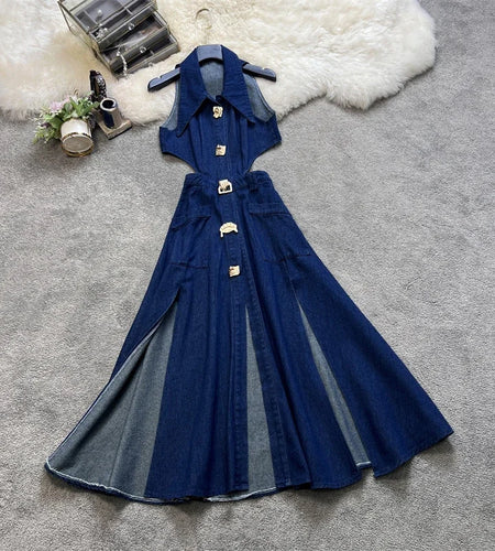 Women Summer Retro Turn-down Collar Denim Dress Hollowed Out Split High Waist Jeans Skirts